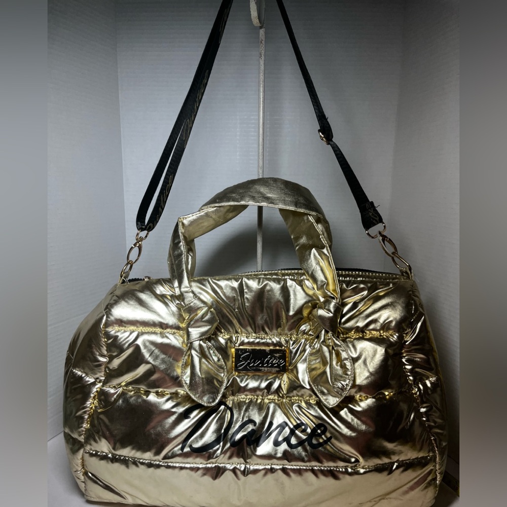 Justice Gold, metallic duffel bag